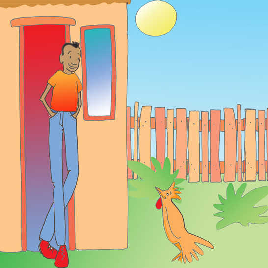 A very tall man standing outside a house.