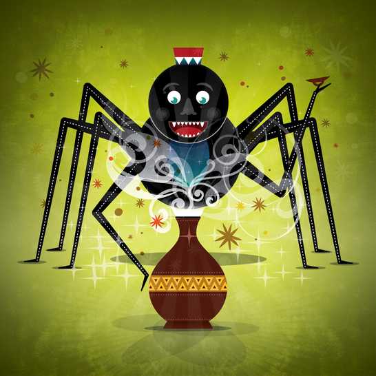 A spider standing in front of a clay pot.