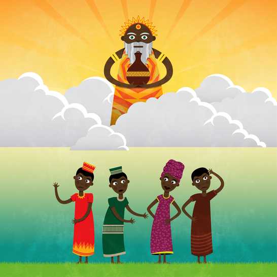 A god in the sky holding a clay pot and four people looking confused.