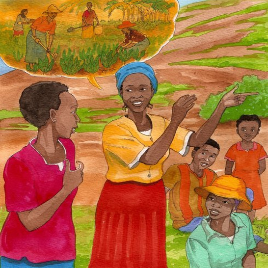 A woman suggesting women join her to grow food.