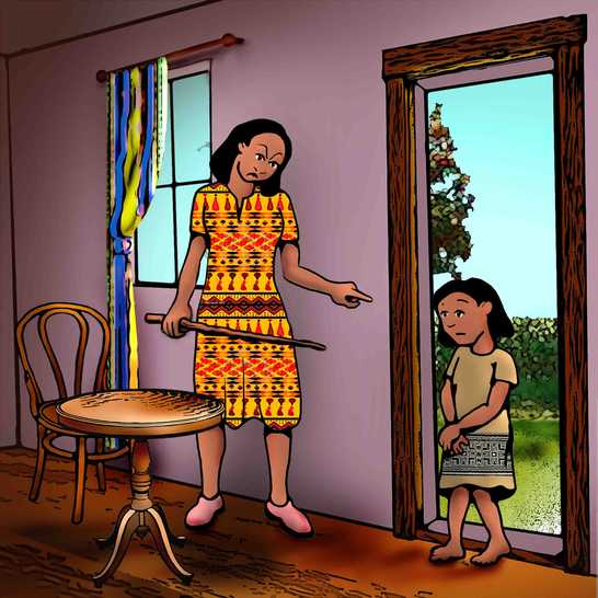 A woman holding a stick pointing at a frightened-looking girl.
