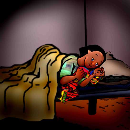 A girl in bed cuddling up to a blanket.