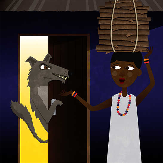 A dog answering the door to a girl carrying wood on her head.