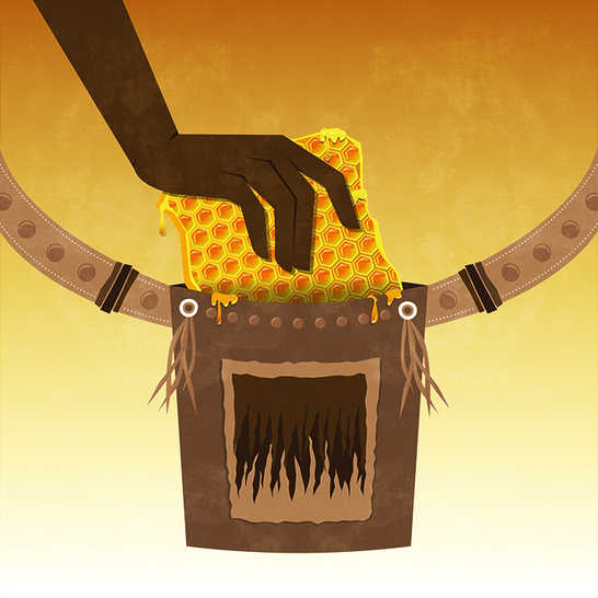 Someone putting honeycomb into a pouch.