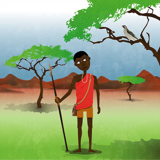 A man standing holding a spear and a bird sitting on a tree branch.