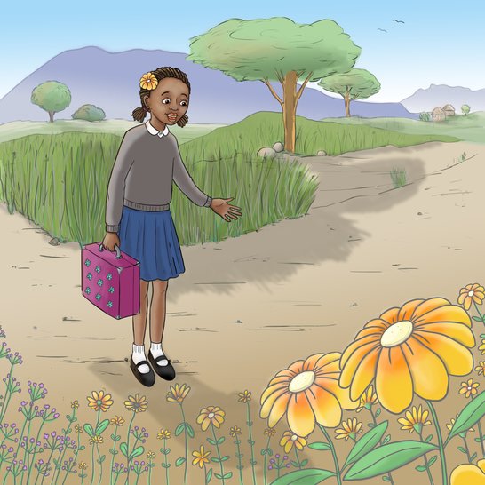 A girl looking at wild flowers.