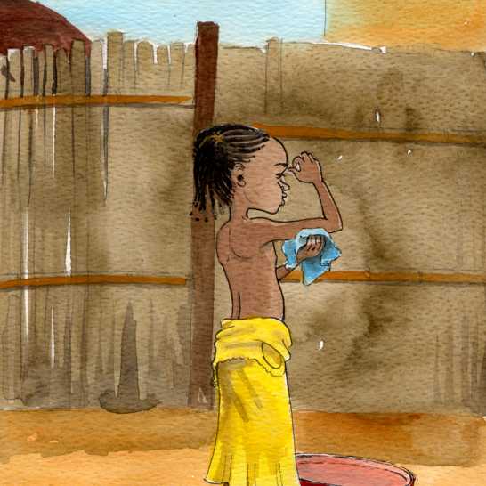 A girl washing herself outside.