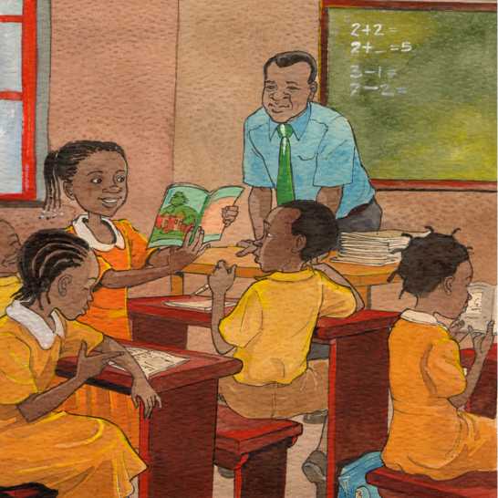 A teacher standing and four students learning.