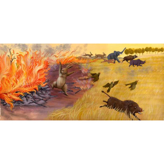 A rabbit jumping next to fire.