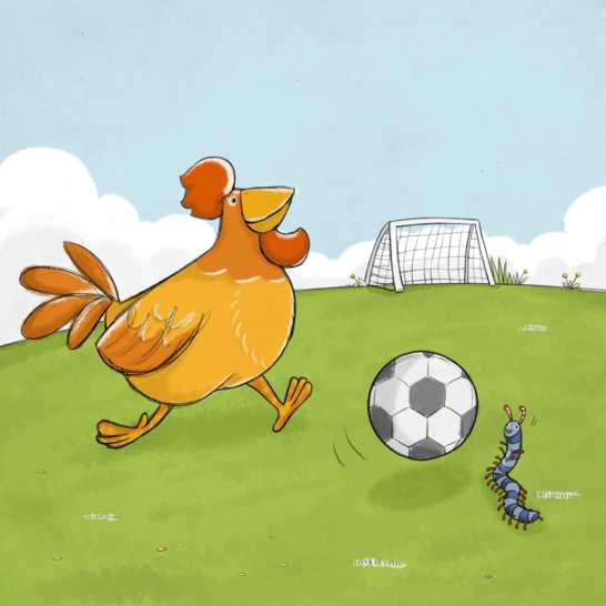 A chicken and a millipede playing football.