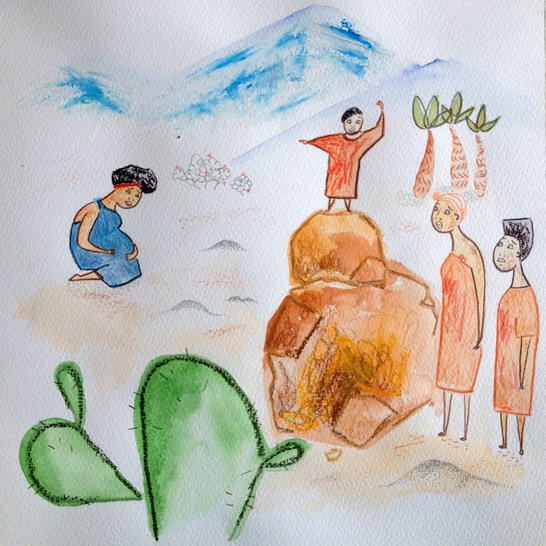A girl standing on a rock and a pregnant woman kneeling down holding her tummy.