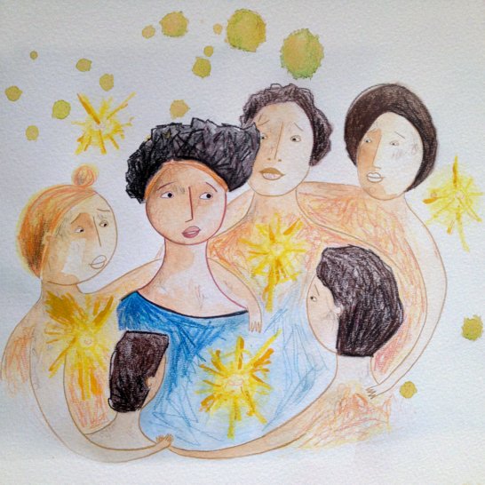 A pregnant woman surrounded by women hugging her.