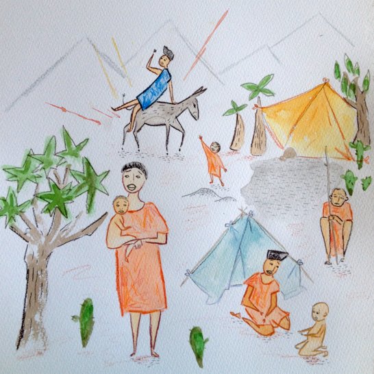 A woman sitting on top of a donkey near adults and children.
