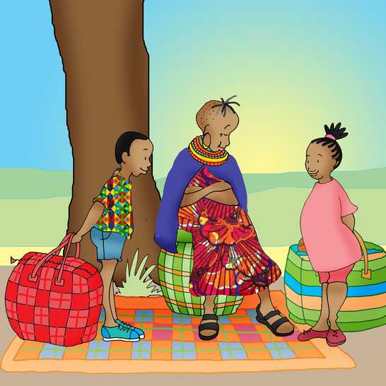 A woman sitting between a boy and a girl each holding luggage.