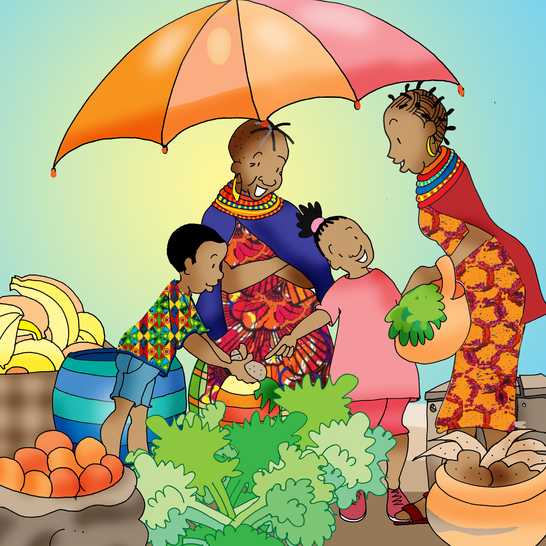A boy and a girl helping a woman sell vegetables to customers at a marketplace.