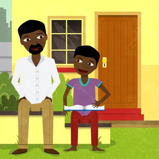 A man sitting next to a boy reading a book.