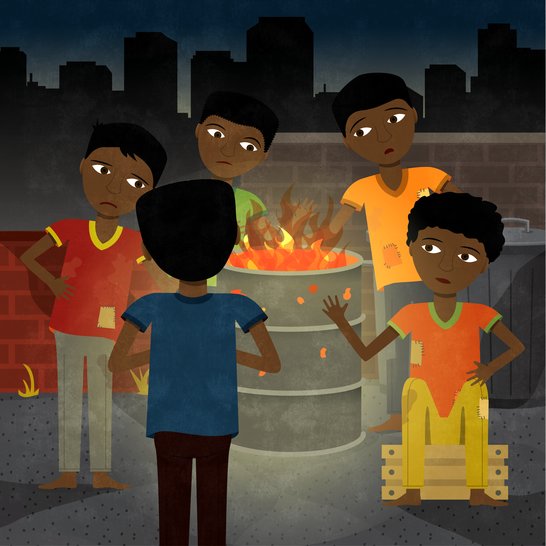 Five boys standing around a fire.