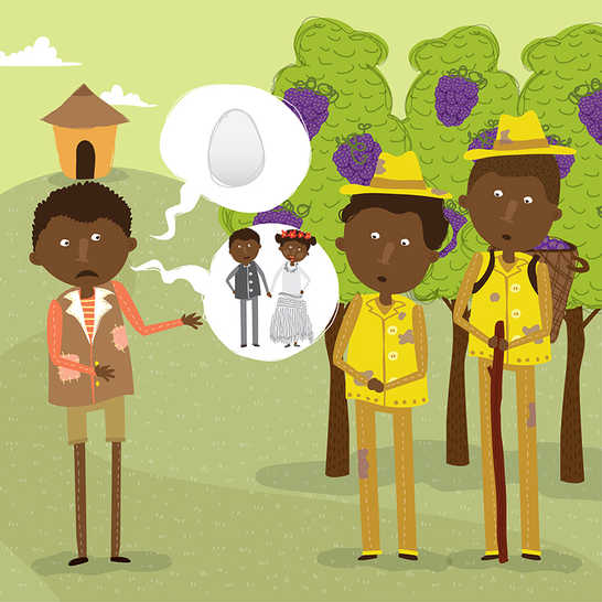 A boy telling the fruit pickers about the egg and the wedding.