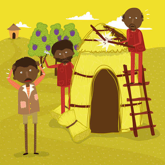 A worried-looking boy standing next to two men building a house. One of the builders is holding a broken stick.
