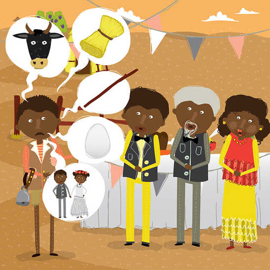 A boy telling the wedding guests about the cow, the thatch, the walking stick, the egg and the wedding.