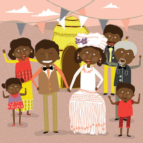 A bride surrounded by wedding guests cheering.