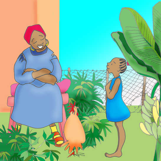 A girl talking to a woman sitting in a garden.