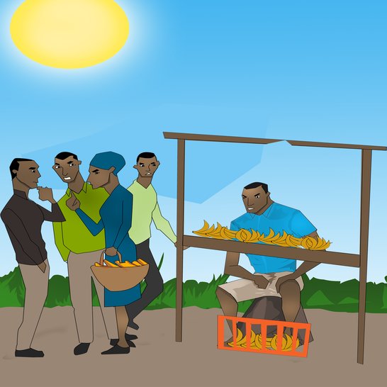 A man sitting at a banana stall.