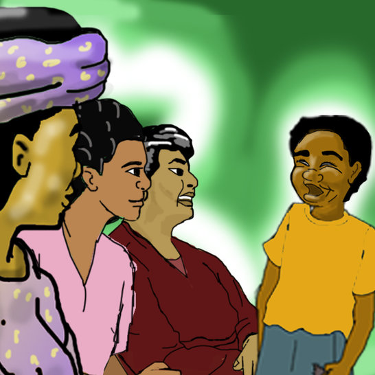 A boy talking to three women.