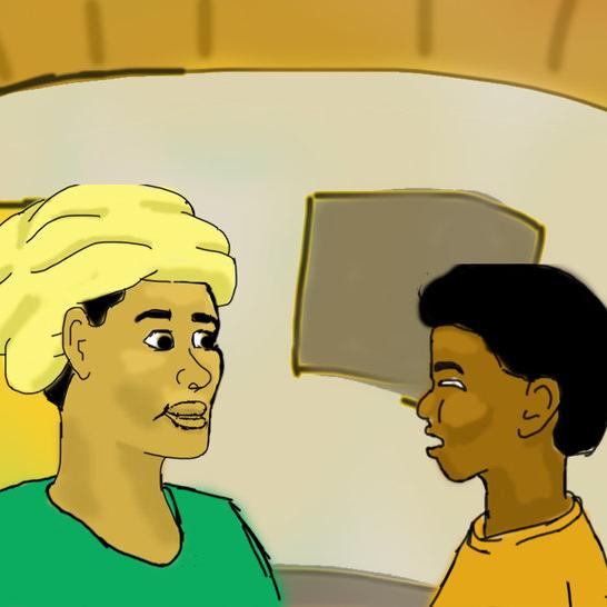 A boy talking with a woman.