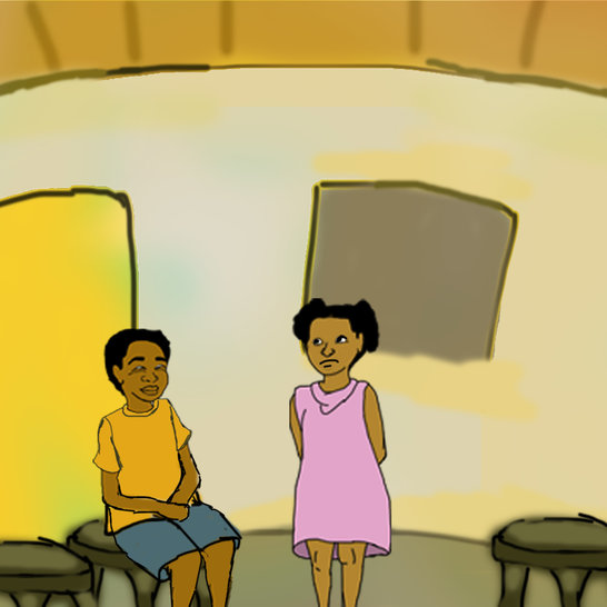 A boy sitting and a girl standing next to him.