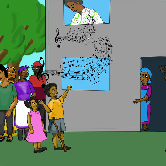 A boy singing outside a building singing to a man looking out of the window, and a girl and some workers standing next to him.