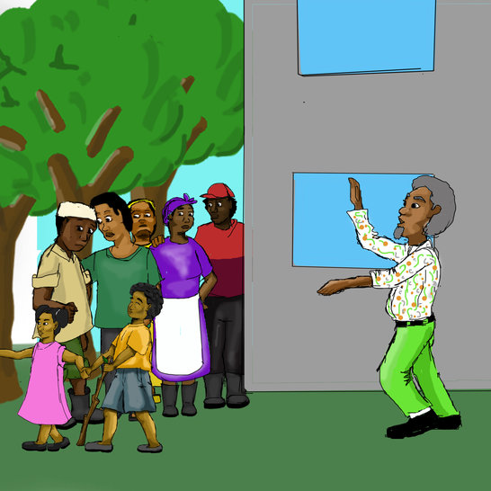 A man standing outside a building calling a boy and girl walking away.