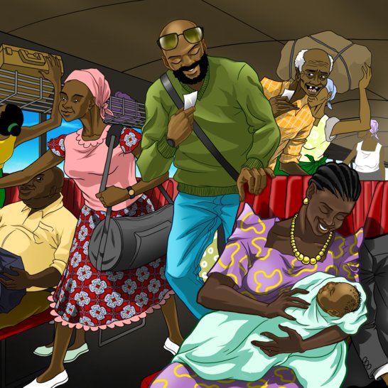 Passengers looking for somewhere to sit in a crowded bus.