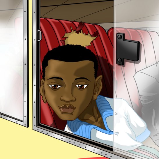 A boy looking out of a bus window.