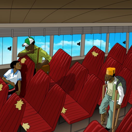 A boy sitting on an empty bus and a bus conductor talking to him and pointing.