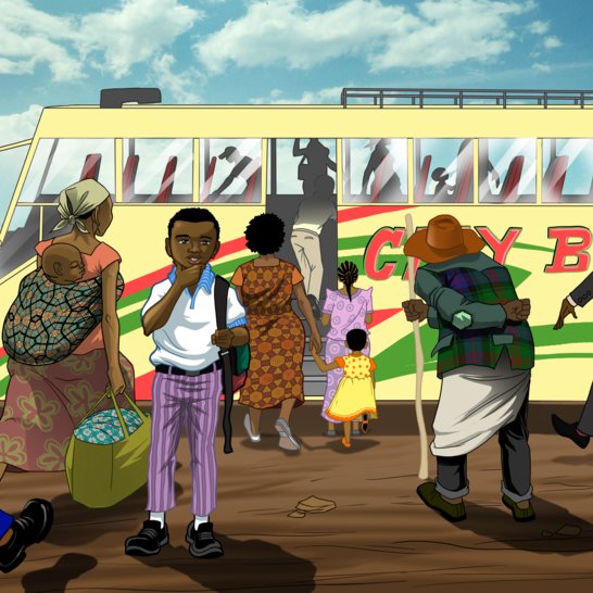 A boy standing next to a bus.