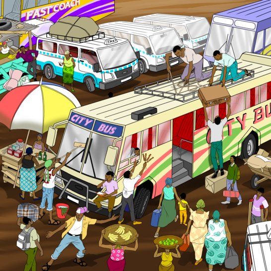 A bus stop busy with people and overloaded with buses.