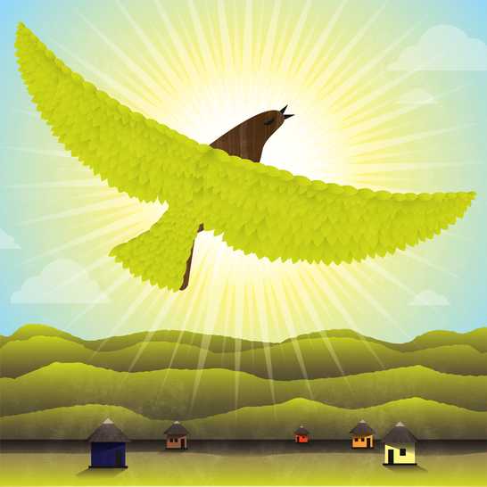 A wax bird flying in the sunshine.
