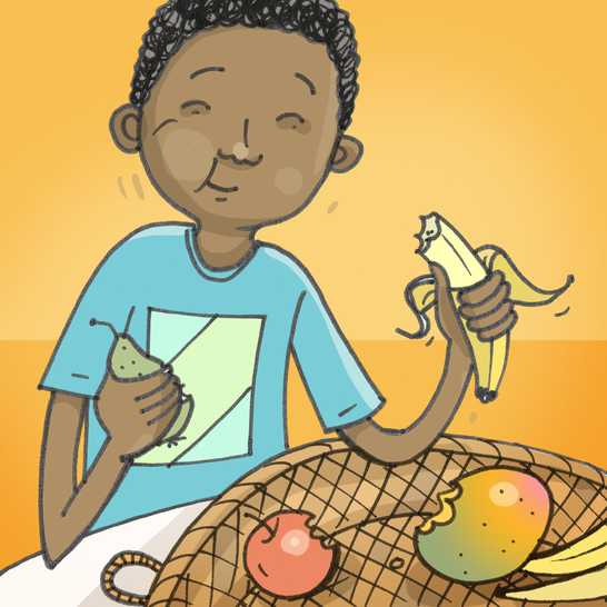 A boy eating lots of fruit.