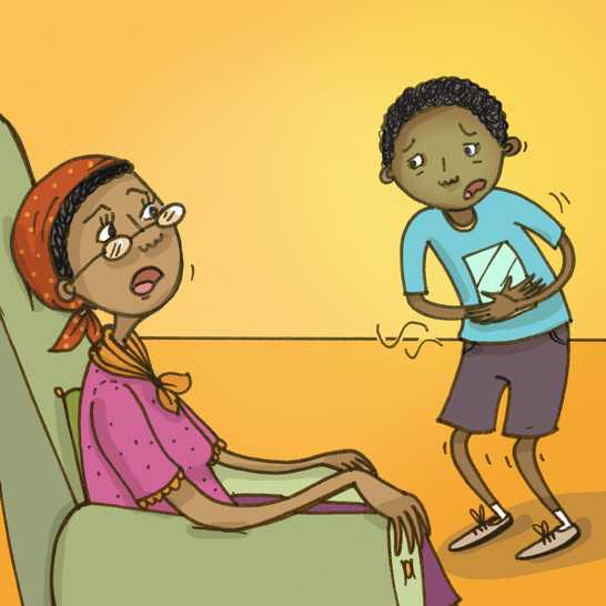 An ill-looking boy holding his tummy standing in front of a woman.