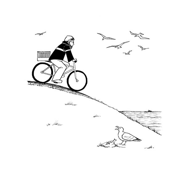 Papa rides to the beach on his bicycle.