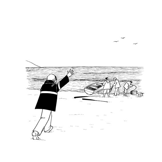 Papa waves to the fishermen, who prepare to go to sea.