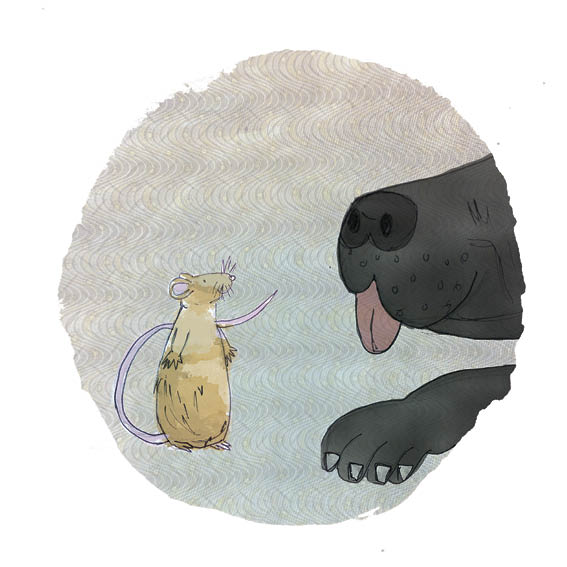 A black puppy with a long tongue invites Mouse to join him.