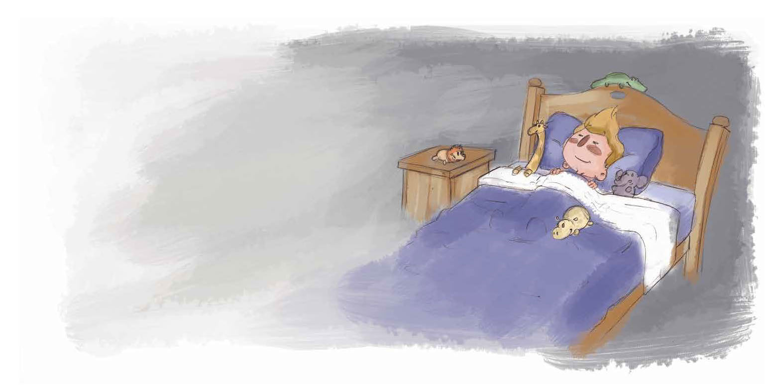 Jack is fast asleep in bed surrounded by his toy animals.