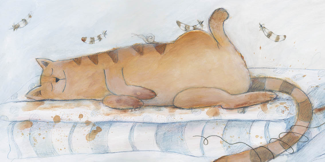 Cat sleeps peacefully on the couch with the feathers, thread and snail.