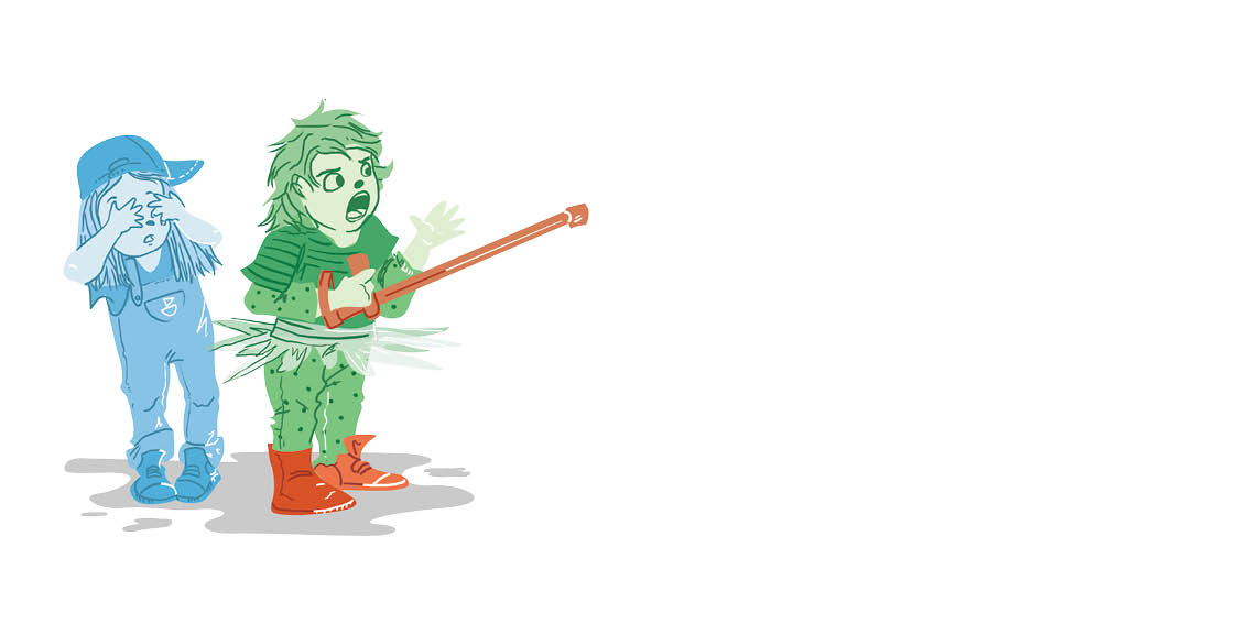 A girl wearing dungarees and a cap and a boy wearing a tutu and playing a guitar stand in a puddle.