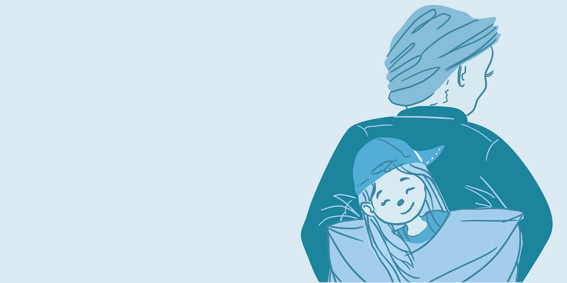 The girl sleeps on a woman's back.
