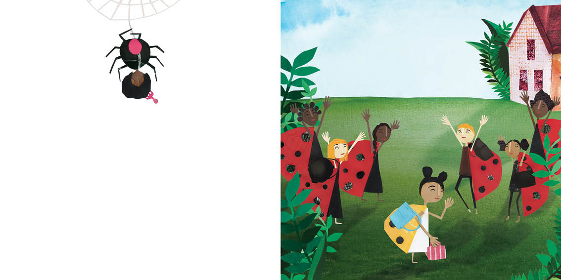 Sesa Spider hangs from her nest. Lara arrives at school. Her friends are happy to see her.
