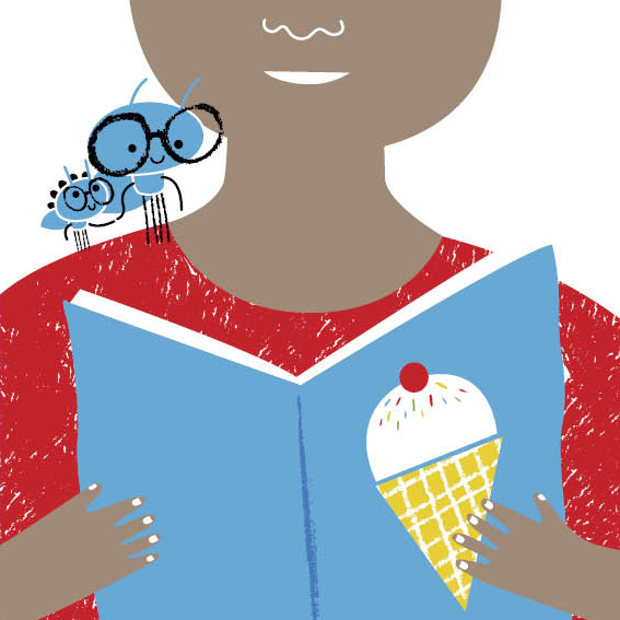 The boy is reading a book. Little Ant and his little sister hold hands on top of the boy's shoulder.