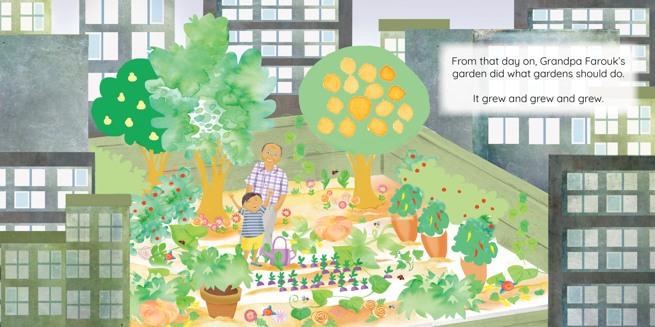 Grandpa Farouk’s Garden — original illustrated page 13, English text included